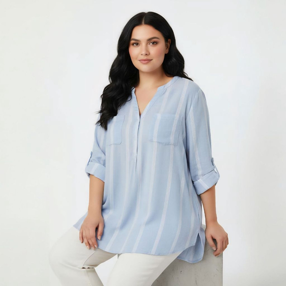 Torrid Blouse Size 1(1X) Blue White Striped 3/4 Sleeve Tunic Blouse Pockets - Picture 1 of 6